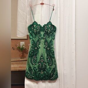 Y2K Emerald Beaded Corset Mini Dress | Vintage Prom Homecoming McBling Glam
